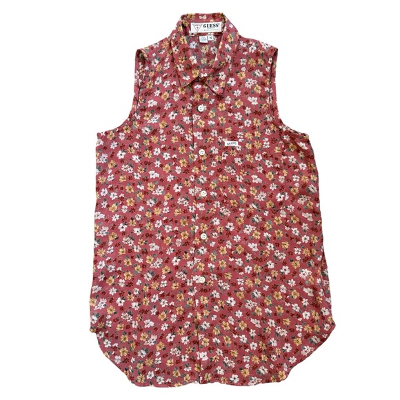 Vtg Guess Floral Sheer Sleeveless Top Blouse Button Front Coral Yellow Small USA - Picture 1 of 5